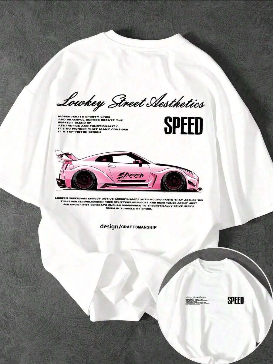 Camiseta de manga corta de ajuste holgado con estampado de lema de carreras, para uso diario y casual, verano - Blanco - Ver 1