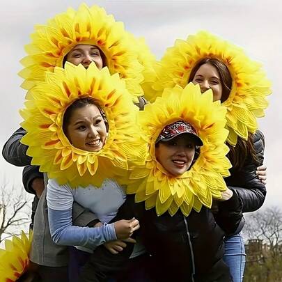1pc Sunflower Headpiece, For Sports Events Opening Ceremony Performance, Comes With Yellow Sunflower Face Mask. Hanging Strap Color Random, Black Or White. Realistic Sunflower Headpiece, Funny Costume Decor