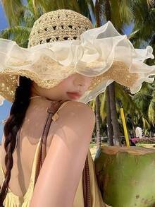1pc Plus Size Women's Wide Brim Straw Hat, Elegant Bow Decor, Summer Beach Style Sun Hat, Made Of Breathable Woven Material, Wide Brim Fully Shields Face & Neck From UV, Foldable Portable Design Convenient For Travel, Ideal For Beach Vacation - Multicolor - View 5