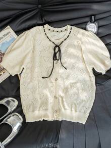 Elegant & Fashionable Short Knit Cardigan, Tie-Front Design, Textured Fabric, Suitable For School, Vacation, Commute, And Dates, Spring/Summer - Apricot - View 5