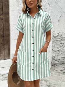 Vestido camisero de algodón a rayas para mujer - Multicolor - Ver 11