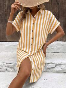Vestido camisero de algodón a rayas para mujer - Amarillo - Ver 3