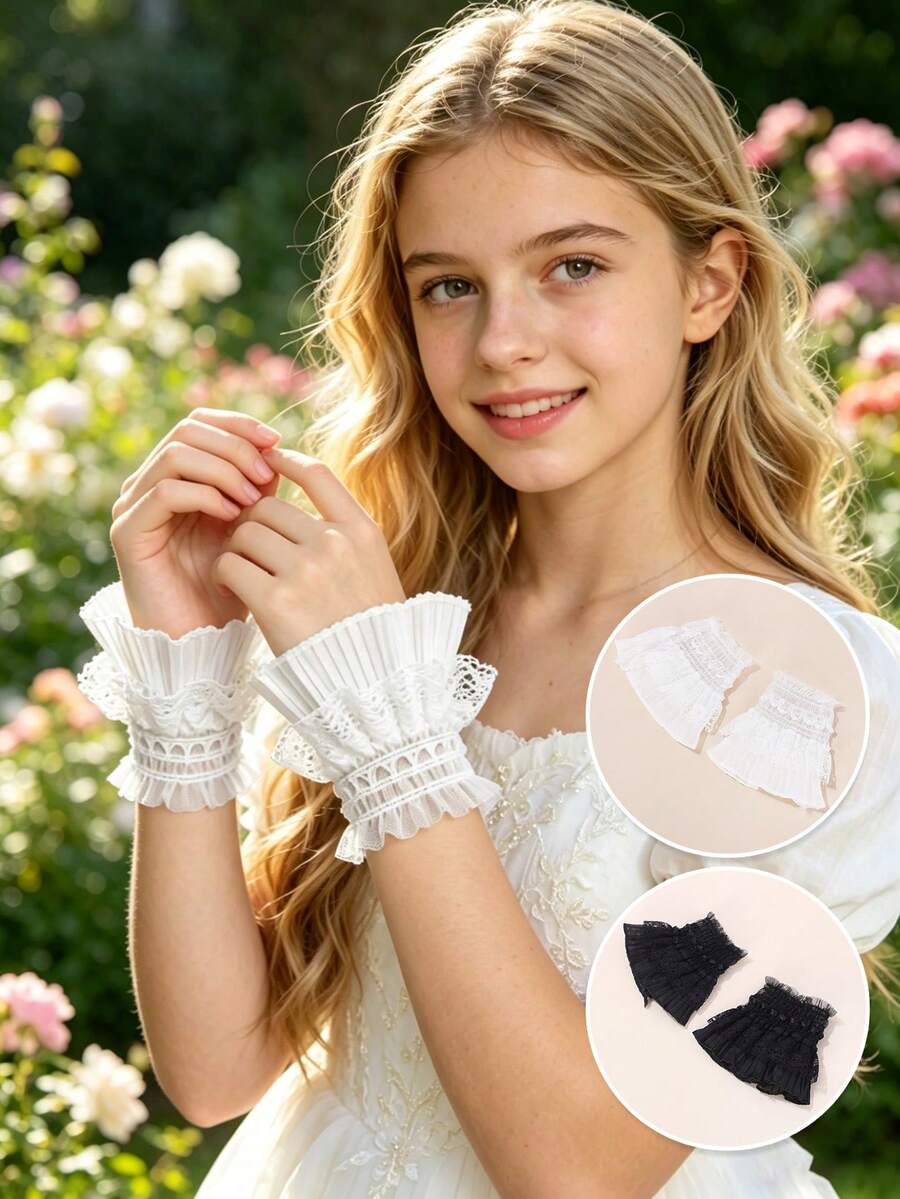1 par de puños con volantes de encaje, puños falsos de encaje vintage multicapa adecuados para adolescentes, puños con volantes decorativos para vestidos, camisas y ropa de estilo gótico - 1Pair - Ver 1