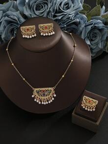 4pcs/Set Luxury Pearl Tassel Necklace Jewelry Set, Colorful Sparkling Rhinestone Gold Necklace, Earrings, Ring 3 PiecesJewelry Set For Women, High Quality, Suitable For Wedding, Party, Daily Wear, Best Gift - Gold - View 1