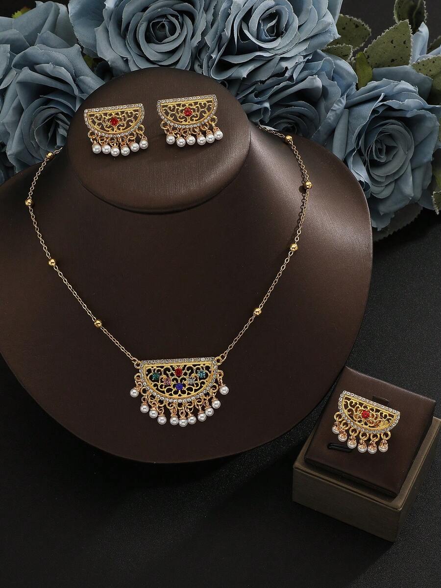 4pcs/Set Luxury Pearl Tassel Necklace Jewelry Set, Colorful Sparkling Rhinestone Gold Necklace, Earrings, Ring 3 PiecesJewelry Set For Women, High Quality, Suitable For Wedding, Party, Daily Wear, Best Gift - Gold - View 1