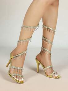 Women's Stiletto Heeled Sandals, Round Toe Fashion Strap With Rhinestone Snake Wrap Design, Basic Style For Summer & Autumn - Yellow - View 7