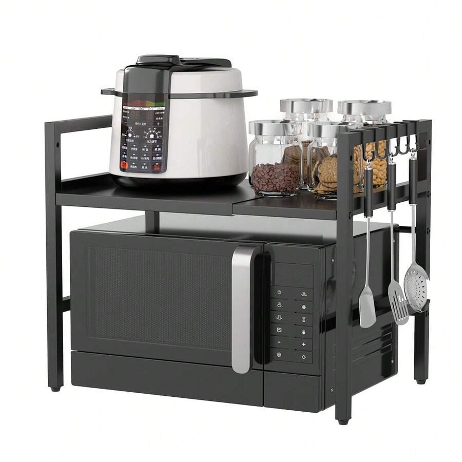 Giá đỡ lò vi sóng 2 tầng có thể điều chỉnh, kệ đựng đồ nhà bếp dày dặn với 6 móc treo. - đen - Xem 1