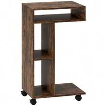 Beistelltisch, C-Formiger Servierwagen, 4 Rollen, 3 Fächer, 40 X 30 X 69 Cm, Rustikal- - Rustic Brown - View 6