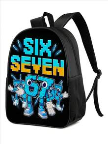 1pc SIX SEVEN Robot Themed Backpack, Fashion Mixed Color Design, Outdoor Backpack Made Of Durable Polyester Fabric, Lightweight And Easy To Clean, With Reinforced Handle, Smooth Zipper, Adjustable Buckle, And Elastic Side Pockets, Suitable For Teenagers, 15-Inch Casual School Style Backpack, Unisex Outdoor Commuting Daypack, Sports, Hiking, Travel, Back To School, Holiday Gift - Black - View 2