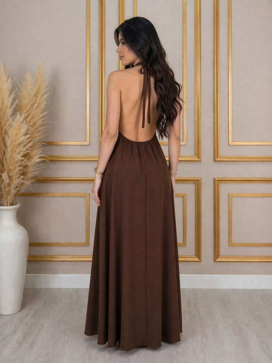 Women's Long Dress, Halter Neck, High Neck, Open Back, Elegant, Party, Summer, Premium - 巧克力棕色連身裙 - 查看 1