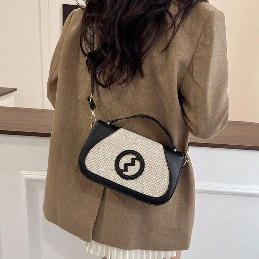 Túi đeo chéo nữ kiểu retro dệt và da PU, túi xách hai tông màu với logo dập nổi, túi đeo vai đa năng phù hợp cho công sở và sử dụng hàng ngày.
