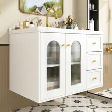 [With Ceramic Sink] 80cm Multifunctional Floating Bathroom Vanity Unit, MDF Board, Large Storage Capacity: 2 Drawers + Cabinet With Glass Door (Semi-Transparent, With Adjustable Shelves) - 白色 - 查看 3