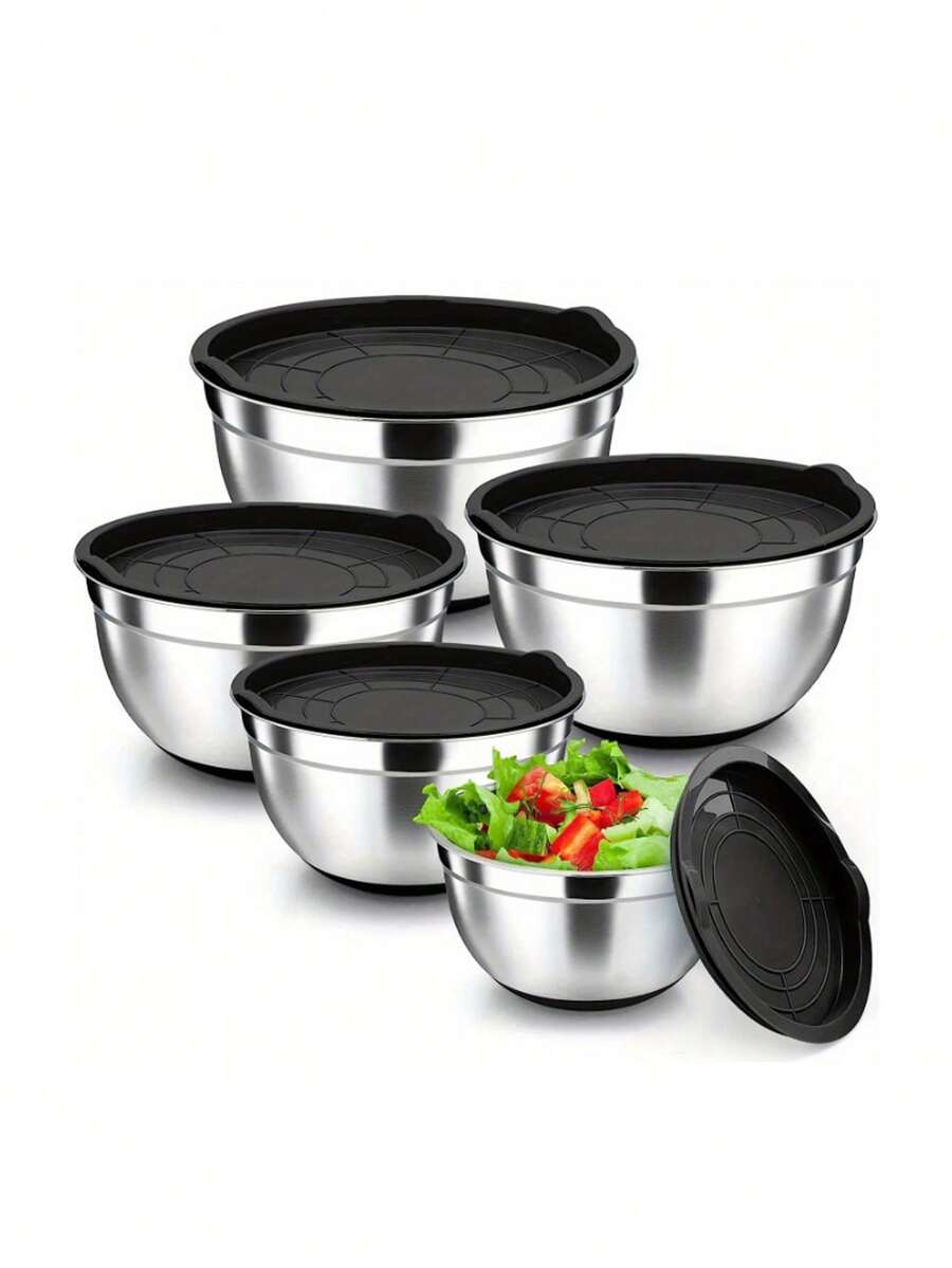 5pcs Salad Bowl WithCover Set, Mixing Bowl Set,Stainless Steel Salad MixingBowls With Silicone Base AndLis, Non-Slip For FoodStorage, Meal Prep, SaladAnd More, Kitchen GadgetsKitchen Accessones