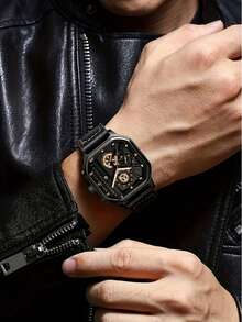 1件，男士简约黑色表盘石英表，带日期显示功能，PU表带和方形表壳 - 电池供电模拟指针手表，适合商务、办公和休闲场合佩戴，是理想的礼物。 - 彩色 - 查看 3