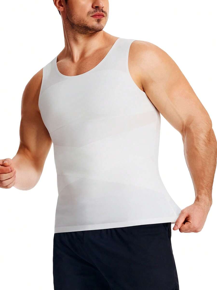 TAILONG Men's Summer V Neck Mesh Breathable High Elasticity Compression Shirt Sleeveless Shaping Vest Tummy Control Crisscross Back For Gym Sport Daily Wear - White - View 1
