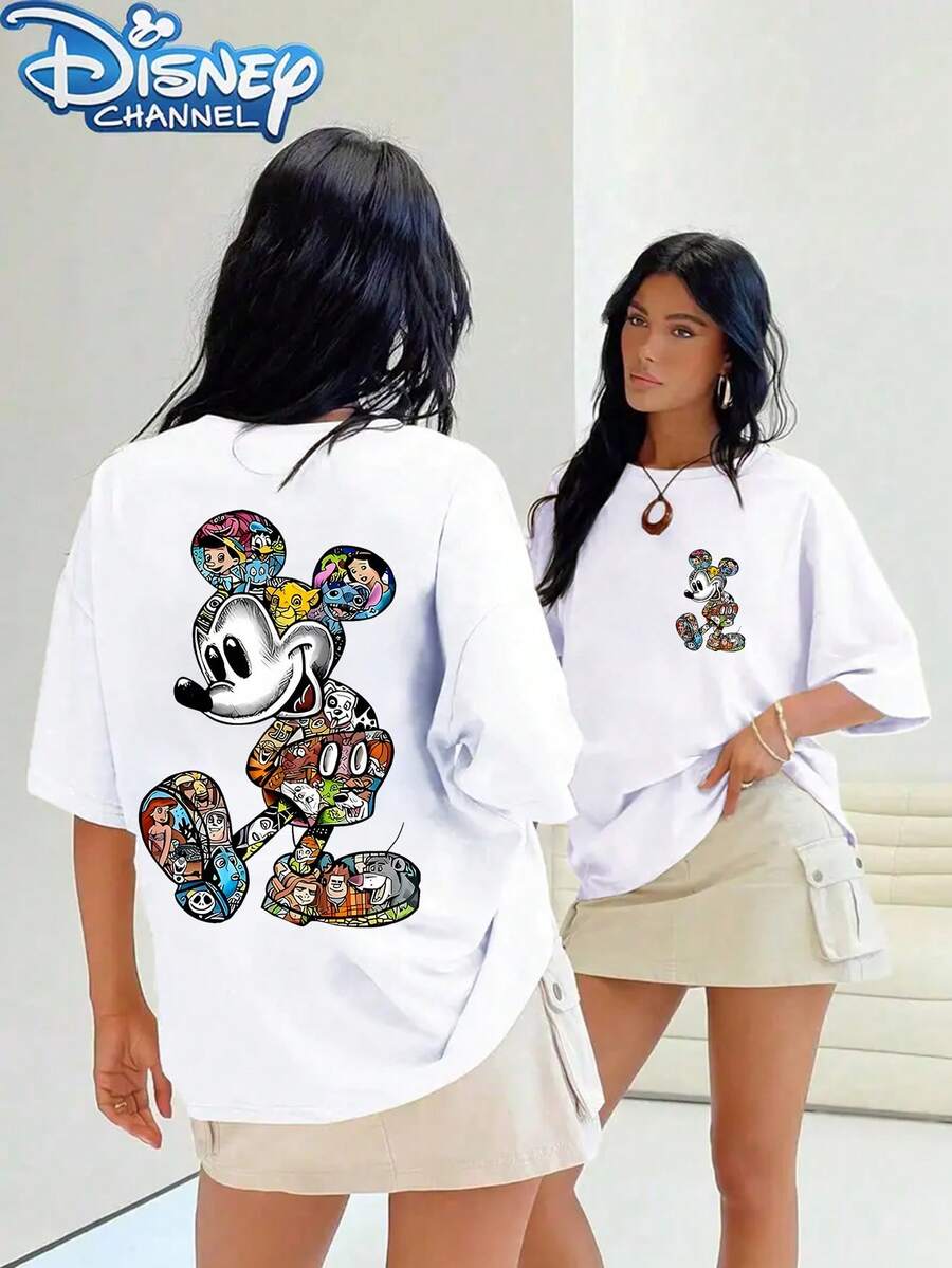 Disney Licensed - Women's Casual Short-Sleeve Round-Neck T-Shirt - Front And Back Printed With Colorful Mickey Mouse Cartoon Patterns - Soft And Breathable Fabric, Machine Washable Spring/Summer Top, Fun Outfit |     Fun Patterned T-Shirt - 白色 - 查看 1