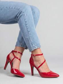 RE&TON Women's Pointed Toe Pump With 9cm Heel And Comfort Insole SC2 - Red Varnish - View 2