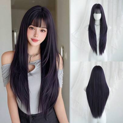 NAMM 32 Inch Extra Long Straight Soft Dark-Purple Wig With Bangs - Super Long Natural Layered Wigs , High Quality Soft Synthetic Fiber Straight Costume Hair Wig For Women Daily Wear, Festival Ready Party Use, - Sakura Celebrations Glam & Party Streetwear Photography - Girls Gift Wig Accessories - Beginners Glueless Wig Accessories