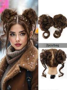 2pcs Synthetic Fiber Fluffy Bun Scrunchies, Braided Elastic Hair Ties, Women Synthetic Curly Ponytail - Dragon Beard Bun Hair Tie In Multiple Colors - View 14