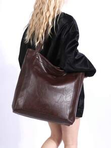 Large Capacity Tote Bag, Retro Faux Leather Handbag With Front Pocket, Suitable For Work And Travel - Coffee Brown - View 8