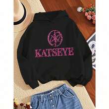 Pink KATSEYE Logo Women Hooded Sweatshirt - Long Sleeve Casual Sweater With Iconic K Logo, Warm Winter & Playwear, Easy-Care Letter Print Sweater ( & Sizes, Hand Wash/Dry Clean),Women Clothes, Women's Tops, Tops For Women, Tops, Baggy Shirts,Festival Outfits, All Season Wear - 黑色 - 查看 5