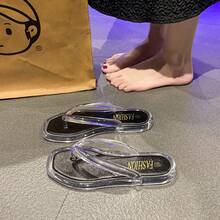 Women's Clear Strap Jelly Flip Flops, Square Toe Transparent Flat Thong Sandals, Summer Beach & Casual Shoes - màu đen - Xem 3