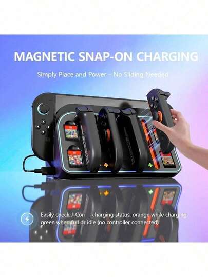 Switch 2 RGB 壁挂式充电站，4 合 1 磁吸式充电器，带 4 个控制器接口、7 种 RGB 灯光模式和 4 个游戏卡槽，LED 充电指示灯