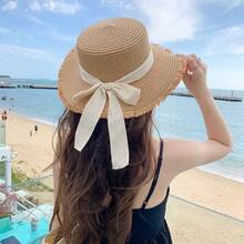 1pc Plus Size Women's Wide Brim Straw Hat, Elegant Bow Decor, Summer Beach Style Sun Hat, Made Of Breathable Woven Material, Wide Brim Fully Shields Face & Neck From UV, Foldable Portable Design Convenient For Travel, Ideal For Beach Vacation - Multicolor - View 14
