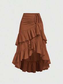 MOD Falda marrón para mujer con dobladillo alto-bajo, con cordón, volantes por capas, falda para fiesta, falda bohemia, falda para el almuerzo - Blanco 2 - Ver 10
