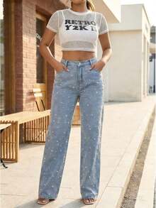 Women's Pearl Beaded High Waist Wide Leg Jeans Light Blue Washed Denim Pants Streetwear--Perfect For Daily / Holiday / Date / Vacation / Party / Beach / Getaway / Everyday / Night Out/Mothers Day Outfit - 輕洗 - 查看 3