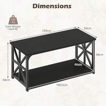 GOFLAME Rectangular Coffee Table With Open Storage Shelf, Industrial Farmhouse 2-Tier Accent Table, Heavy-Duty Metal Frame Center Table For Living Room, 109x50x48cm, Rustic Brown - Black - View 2
