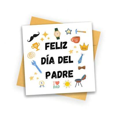 Thiệp chúc mừng Ngày của Cha bằng tiếng Tây Ban Nha kèm phong bì, thiết kế hình voi và gấu trúc dễ thương vẽ màu nước, những lời chúc ấm áp dành cho bố từ các con.
