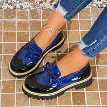 New Colorblock Bow Thick-Sole Loafers For Women, British Style Brogue Carved Leather Shoes, Soft Non-Slip Platform Shoes, School Uniform Style, JK Style Versatile Shoes, Retro Elevator Shoes For Commuting - Blue - View 8