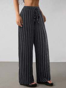 2026 Womens Multi-Color Striped Drawstring Waist Wide Leg Pants Casual Summer Trousers - 深灰色 - 查看 8