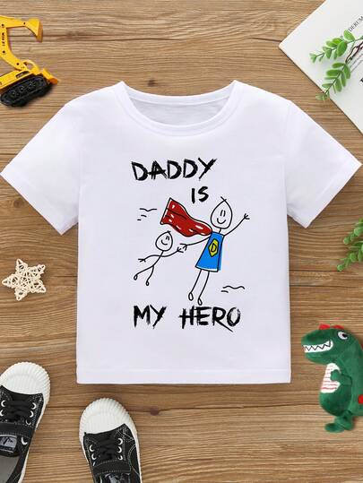 Camiseta con estampado de dibujos animados que dice 'DADDY IS MY HERO', linda y cómoda, perfecta para usar todos los días al aire libre