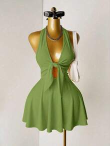 Vestido de verano de unicolor con escote halter y espalda descubierta para mujer - Verde - Ver 12
