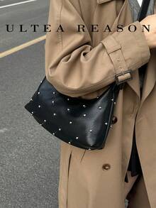 Bolso bandolera de PU con decoración de remaches, correa de hombro ajustable con cierre de cremallera, versátil para universidad, ir al trabajo, compras, paseos, uso diario - Negro - Ver 6
