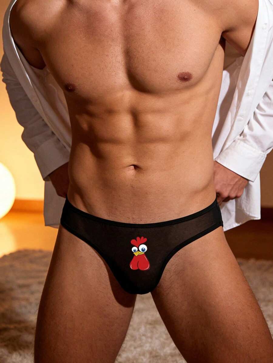 Men's Black Breathable Comfortable Daily Wear Rooster Print Triangle Briefs - Black - View 1