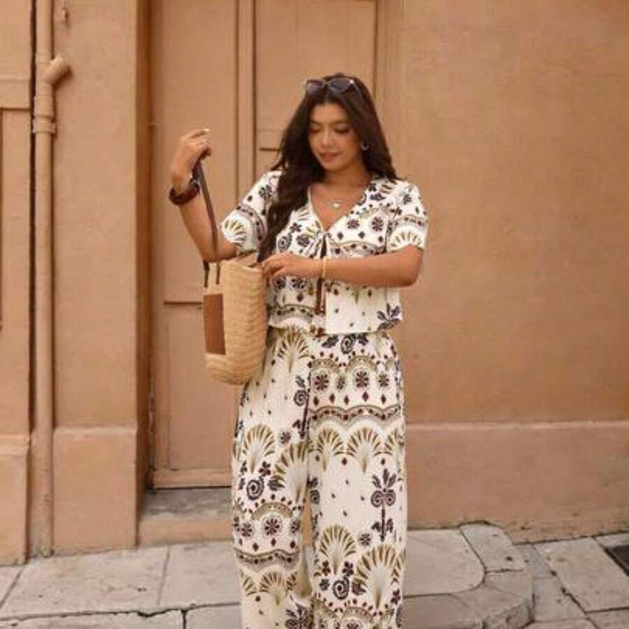Elaquor Plus Size Women Floral Print Front Tie Short Sleeve Shirt And Wide Leg Pants 2 Pieces Set Resort Wear Women Vacation Outfit Women Bohemian Outfit For Women Casual Summer Outfits Women's Coordinated Set - Multicolor - Ver 1