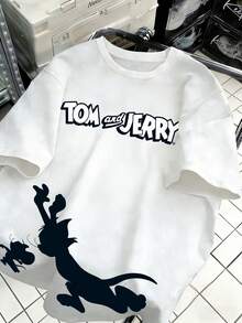 SHEIN X Tom & Jerry Áo thun ngắn tay nữ thoáng mát, in họa tiết tennis, cổ tròn, dáng rộng, thoáng khí, năng động, thích hợp cho thể thao/du lịch mùa hè, phong cách thể thao thường ngày. - trắng - Xem 1
