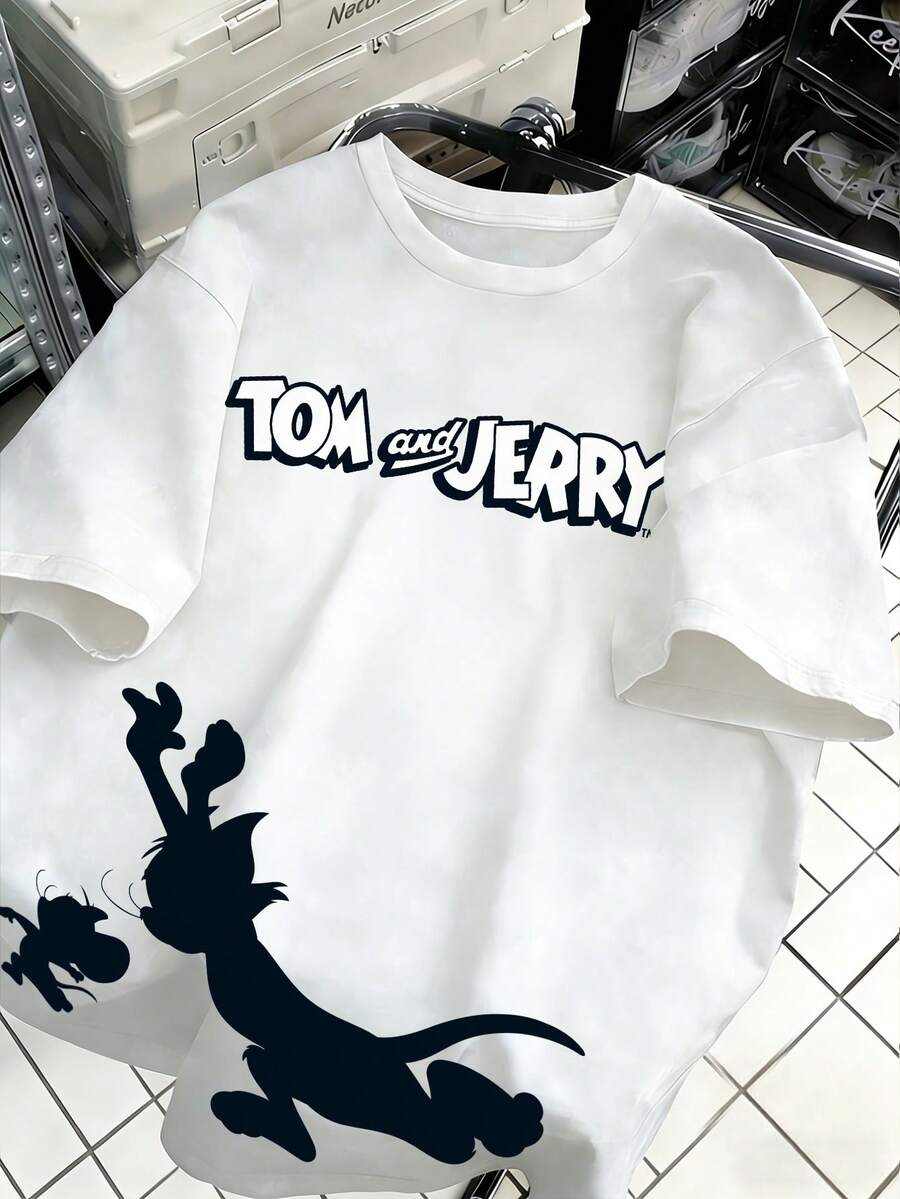 SHEIN X Tom & Jerry Áo thun ngắn tay nữ thoáng mát, in họa tiết tennis, cổ tròn, dáng rộng, thoáng khí, năng động, thích hợp cho thể thao/du lịch mùa hè, phong cách thể thao thường ngày. - trắng - Xem 1
