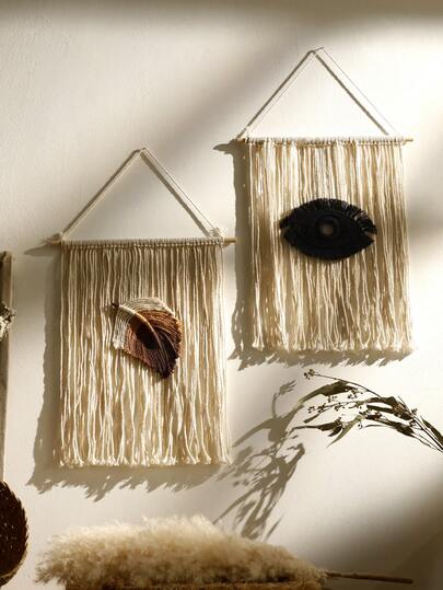 1pc Beige Neutral Leaf And Eye Pattern Handmade Style Woven Wall Hanging Decor Boho Farmhouse Aesthetic Tassel Tapestry Art Minimalist Nordic Style Rectangle Shape Long Fringe Detail Textured Layered Design Soft Cozy Visual Accent Decorative Wall Art For Living Room Bedroom Apartment Dorm Entryway Hallway Coffee Corner Meditation Space Home Interior Decoration