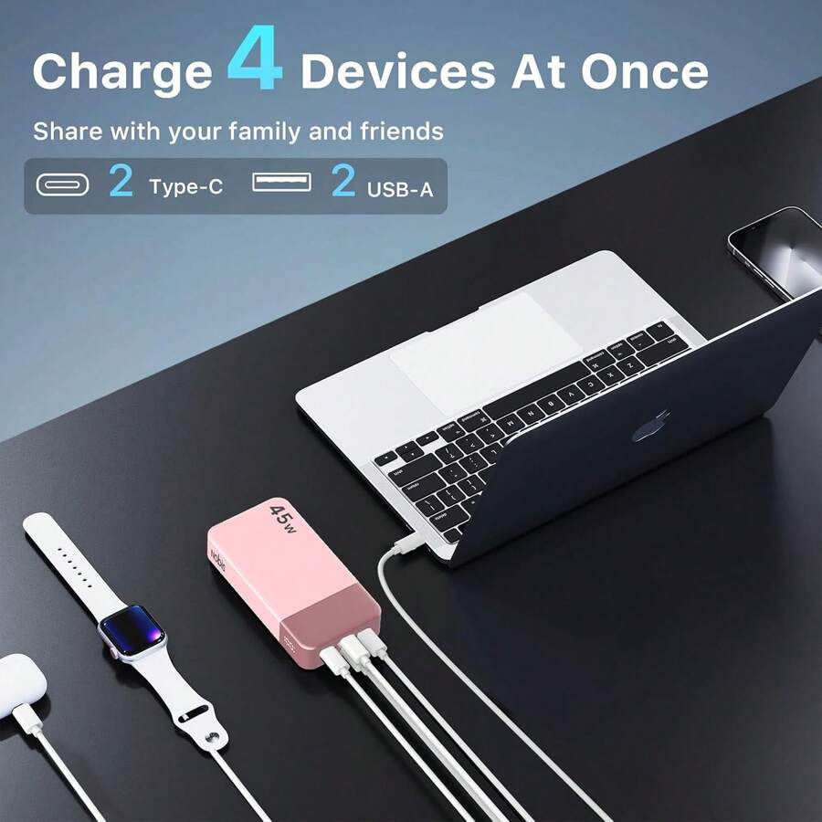 这款20000mAh 45W快充移动电源，支持PD3.0和QC 4.0快充，配备LED显示屏、2个USB-C接口和2个USB-A接口，可为手机快速充电。它还拥有LED电量显示，内置USB和Type-C接口，采用稳定的聚合物锂电池，适用于户外、购物、旅行等各种场合。这款移动电源也适用于苹果手机、平板电脑和安卓手机。它是馈赠亲友的理想之选，尤其适合生日、圣诞节、冬季、新年、阵亡将士纪念日、长周末和夏季等各种场合。 - 粉色 - 查看 1