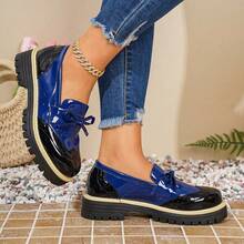 New Colorblock Bow Thick-Sole Loafers For Women, British Style Brogue Carved Leather Shoes, Soft Non-Slip Platform Shoes, School Uniform Style, JK Style Versatile Shoes, Retro Elevator Shoes For Commuting - Blue - View 7