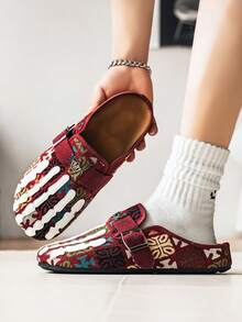 Men's Boho Mule Shoes - Printed Fabric Slip-On Clogs With Metal Buckle, Soft Insole Casual Comfort Sandals For Spring Summer - 紅色 - 查看 10