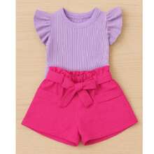 Conjunto Infantil e Juvenil Blusa Cropped Frufru Babado Ribana + Shorts Linho Clochard Conjunto 2 Peças para Meninas e Adolescentes CJI033 - Pink e Lilás - Visão 1