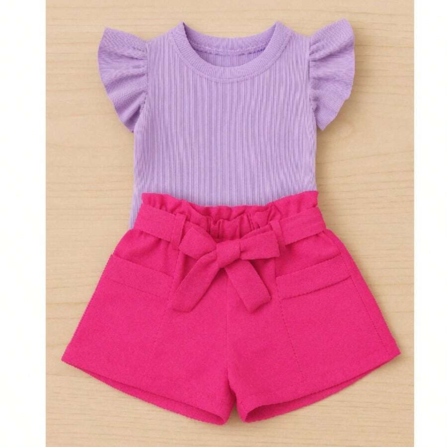 Conjunto Infantil e Juvenil Blusa Cropped Frufru Babado Ribana + Shorts Linho Clochard Conjunto 2 Peças para Meninas e Adolescentes CJI033 - Pink e Lilás - Visão 1