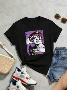 Camiseta de manga corta con cuello redondo suave y casual de verano para mujer, tops para salir, vintage, Gen Z, tops, curvas, ropa Y2K, algodón, Italia, Grecia, tops de mujer, tops bonitos, camisetas gráficas, conjuntos de primavera, estilo callejero americano, casual deportivo, estilo unisex, estilo casual urbano, casual, jersey, camisetas holgadas, ropa de calle retro, estilo de los 90, estilo de los 2000, subcultura, estilo europeo, tops negros, tops blancos, conjuntos de fiesta de los 90. Negro - Negro - Ver 3