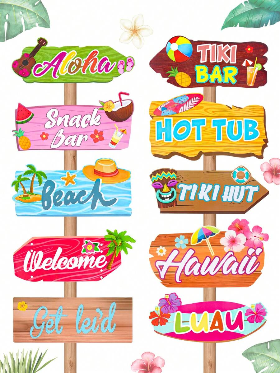 10件套夏威夷热带欢迎标牌套装，Aloha Luau派对指示牌，夏威夷提基酒吧和海滩庭院标牌，热带Luau派对DIY纸质标牌，热带夏季泳池派对拍照道具，夏威夷热带派对装饰，适用于生日音乐派对热带提基主题装饰、婚礼、新娘送礼会、泳池派对用品、夏季烧烤和海滩派对礼品、派对礼物