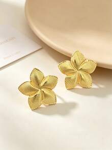 1 paire de boucles d'oreilles fleur à cinq pétales en or mat - port quotidien, chic décontracté, cadeau, mariage, fête - Multicolore - Voir 3